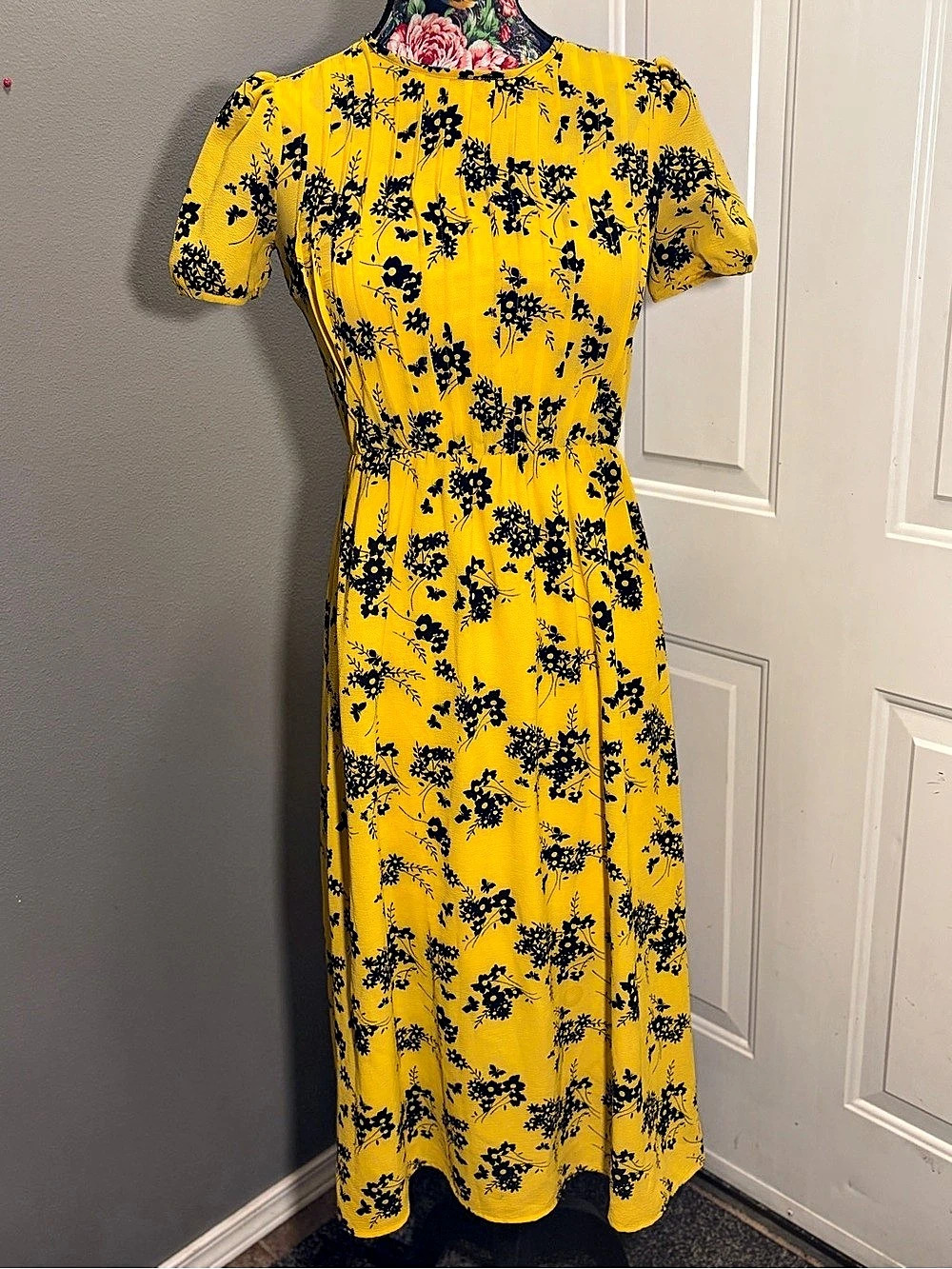 Michael Kors Womens Yellow Black Floral Short Sleeve Pleated Midi Dress XXS